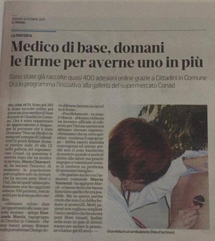 Avanti con la raccolta firme per il medico a Stagno: domani saremo nella galleria Conad a Stagno!